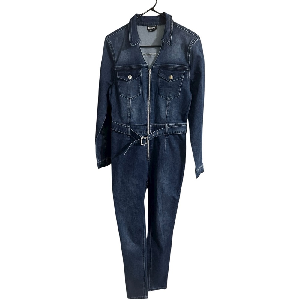 Bebe Front Zip Denim Jumpsuit Blue Size 8